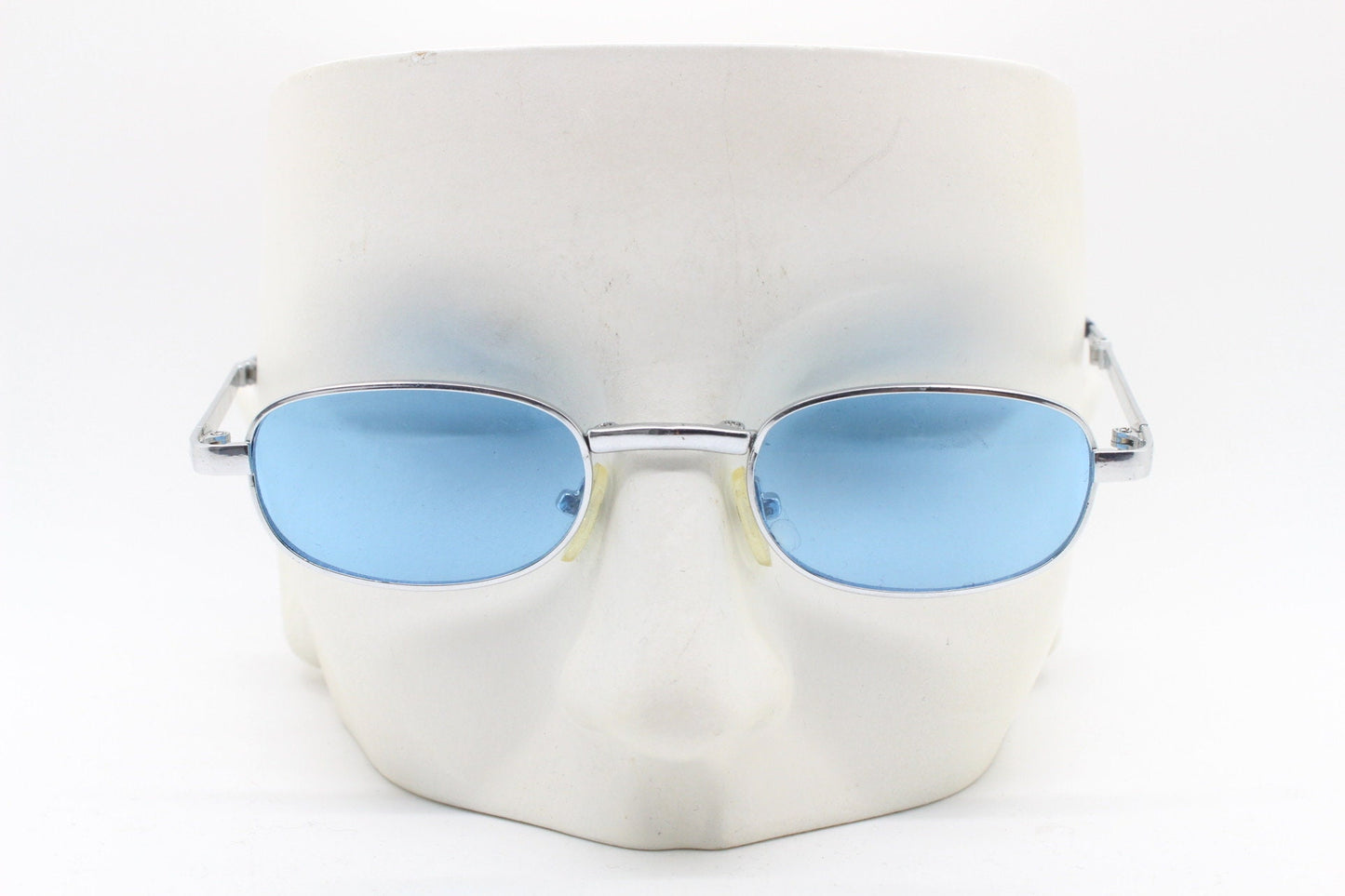 90s micro foldable oval sunglasses. Sky blue lenses in a small silver folding compact frame. Folder. Rave 2000s. Y2K. NOS