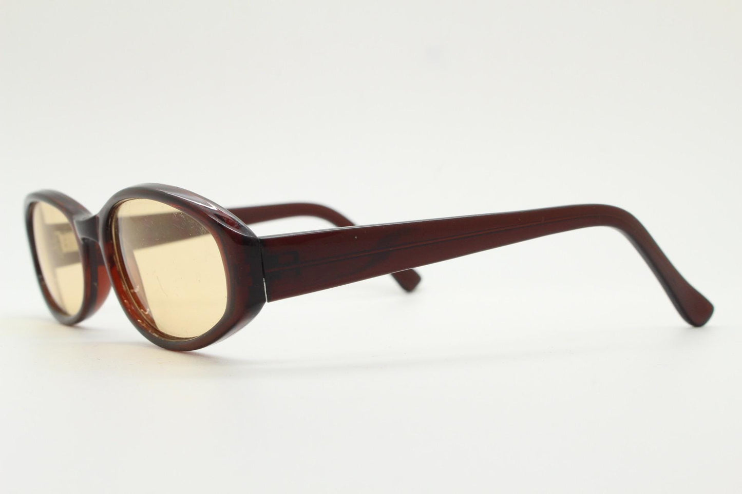 90s vintage rectangular oval sunglasses. Low profile 60s design dark brown acetate frame with light tone lenses. BNWT. Small unused NOS