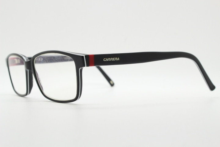 Carrera rectangular glasses. Black and white layered acetate optical frames. Prescription eyeglasses. Vintage RX spectacles