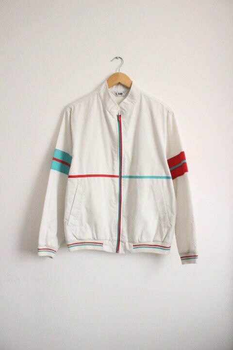 Gabicci Concept Design 80s vintage zip bomber jacket in white with green and red mirror image stripe details. Mens round neck. Cult casuals