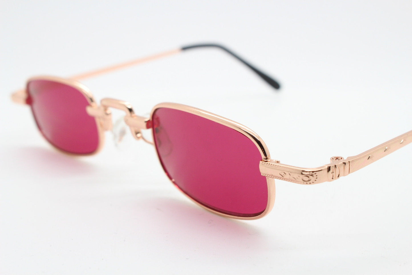 90s vintage small rectangular sunglasses. Imposing minimal gold metal victorian design frame with shocking pink lenses. Unused BNWT