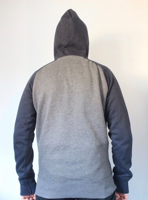 Abercrombie and Fitch grey and blue zipper sweat hoody with large red spell out patch letter chest logo. Mens all cotton medium size