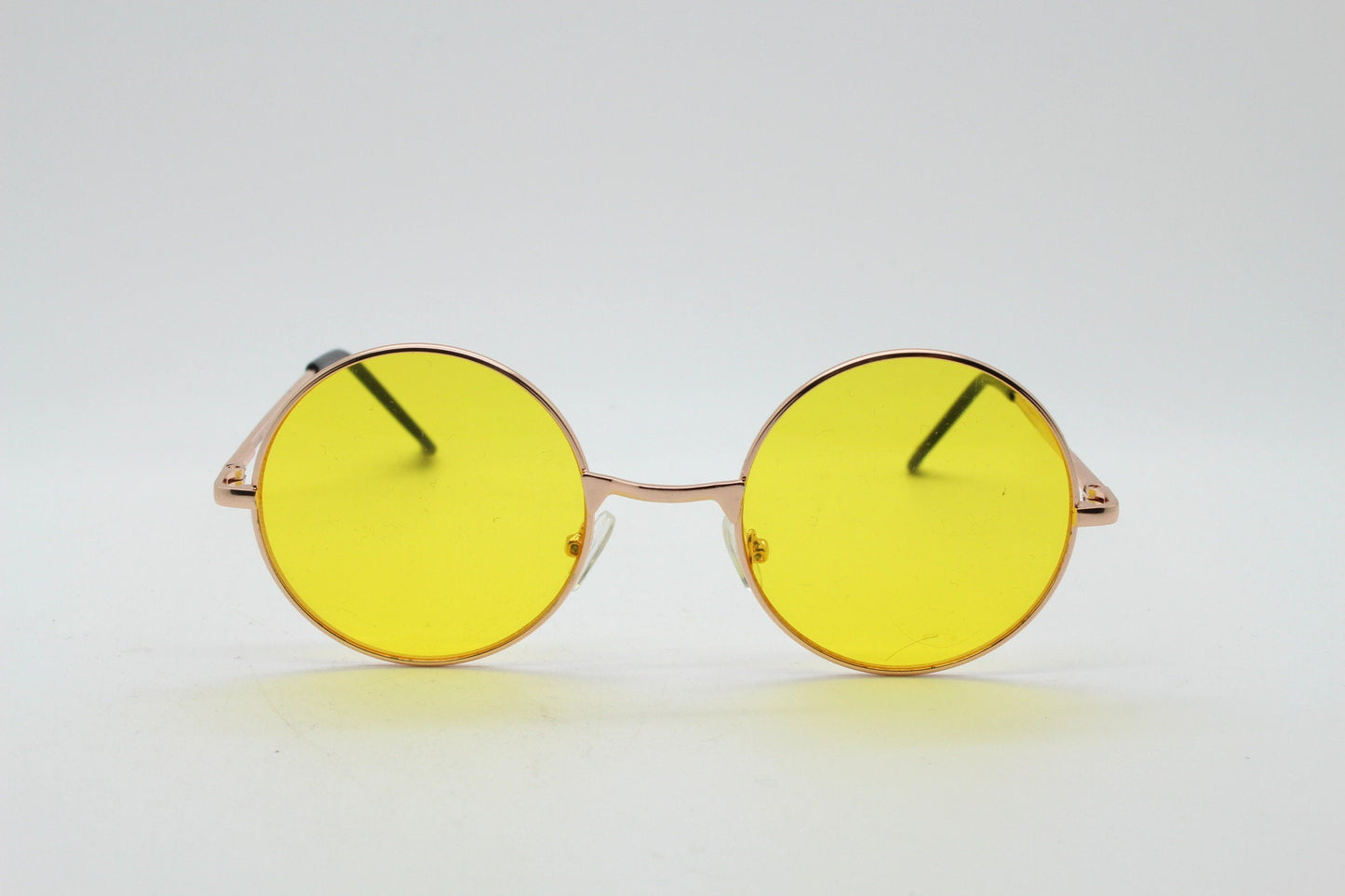 90s round vintage sunglasses. Rose gold metal frame with bright yellow lenses. 1920's style. John Lennon. Steampunk. NOS