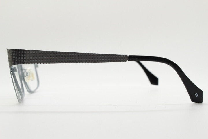 William Morris London rectangular eye glasses. Grey flat metal optical frames with textured check surface. Prescription RX eyeglasses