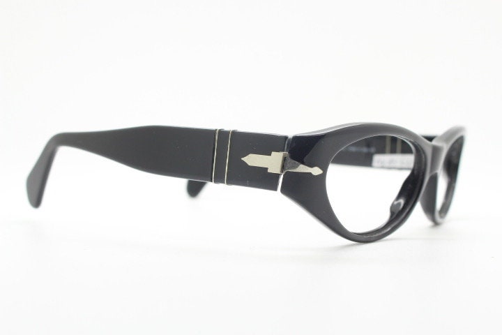 Persol cropped cat eye glasses. Plain Black gloss chunky acetate optical frame with big arms. Prescription eyeglasses. RX spectacles