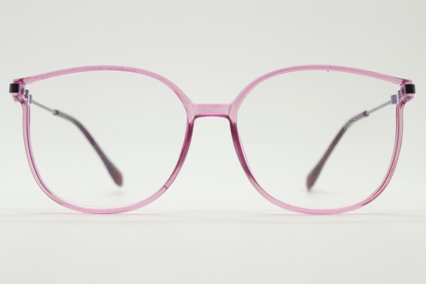 Round cat eye glasses. Transparent pink cateye optical frame with purple metal arms and eyecatching glitter sides. Vintage Prescription RX