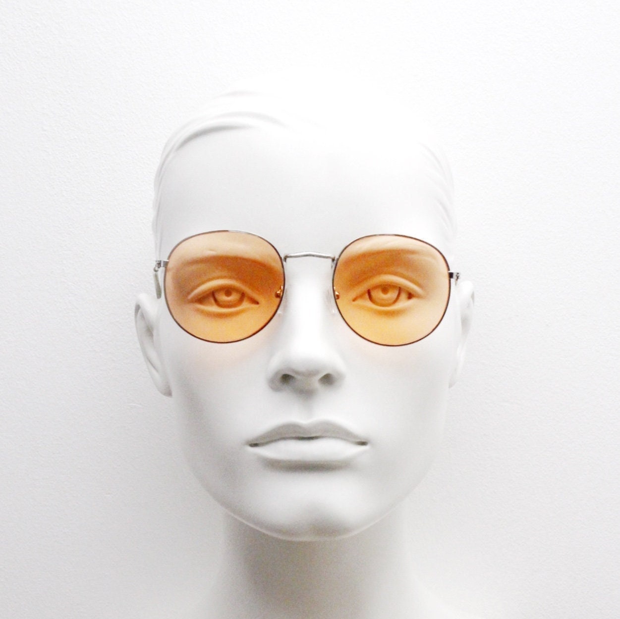 90s vintage round metal sunglasses, 60s style silver frame with blazing orange lenses. Unused. BNWT. Panto