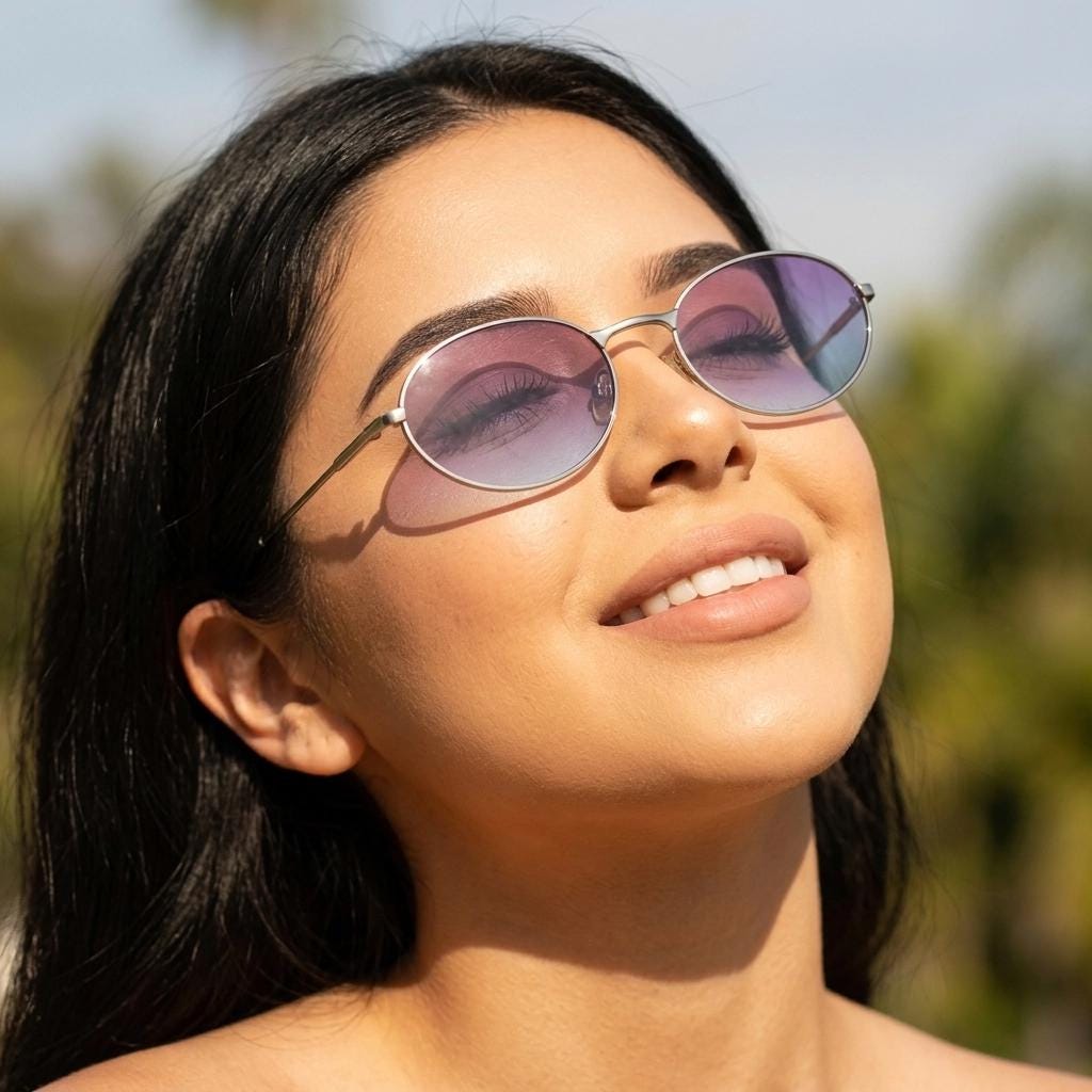 90s vintage small bug eye oval sunglasses. Silver satin frame with impressive pink to blue ombre graduating lenses. Y2K. 2000s. Unworn NOS