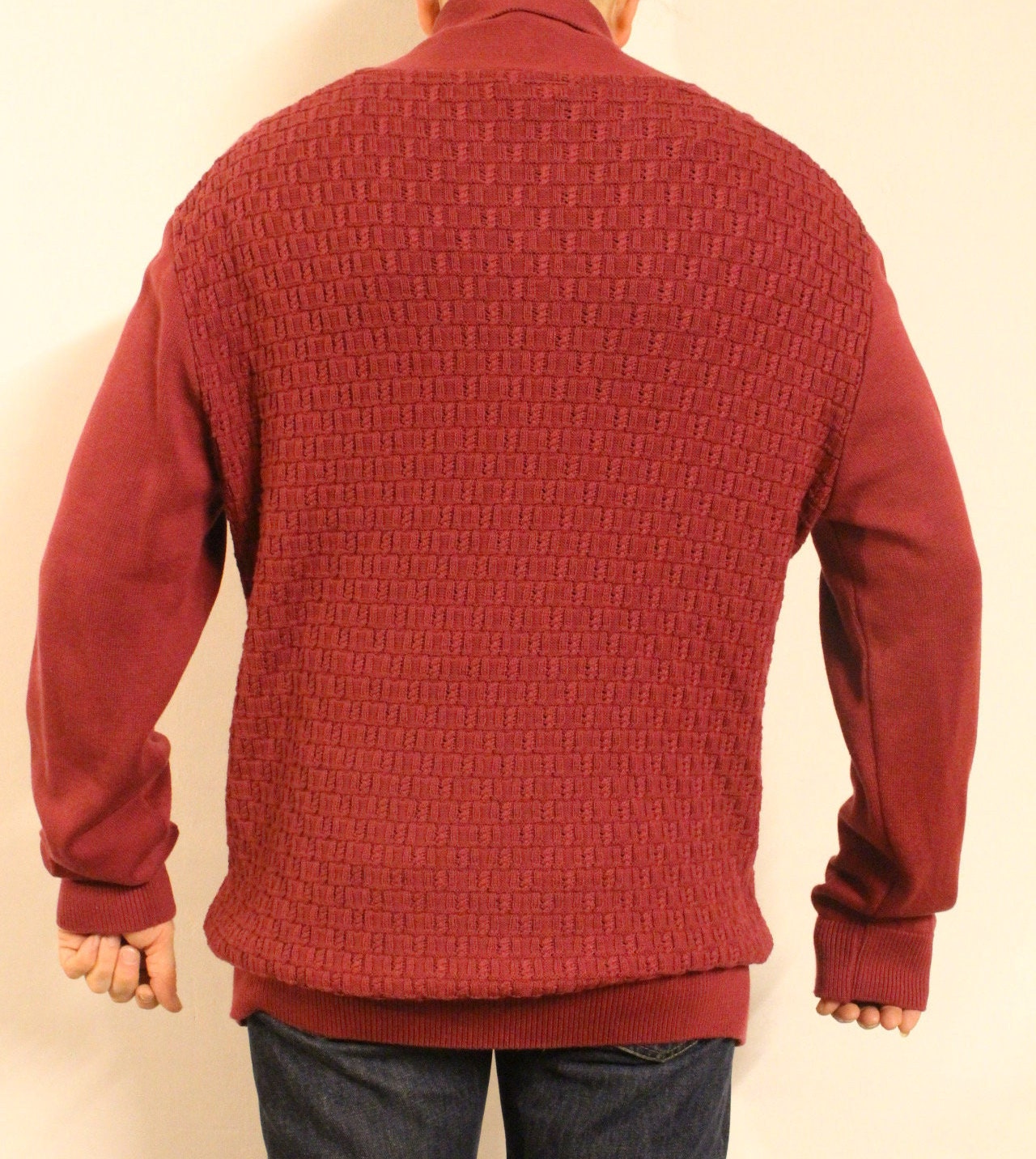 Gabicci vintage waffle knit pullover jumper with small buttoned shawl collar. Mens red sweater. Size XL. NOS clearance item -rrp 80 GBP