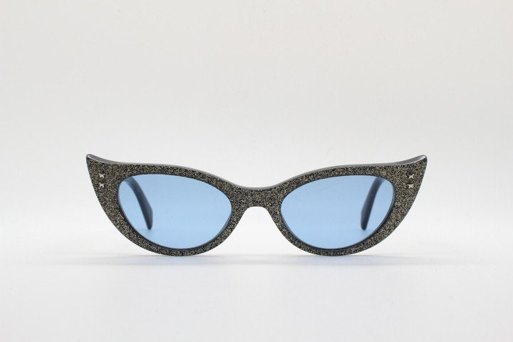 Just Cavalli vintage pointed cat eye sunglasses. Intense silver glitter 50s design bad girl acetate cateye. NOS. Rockabilly pin up