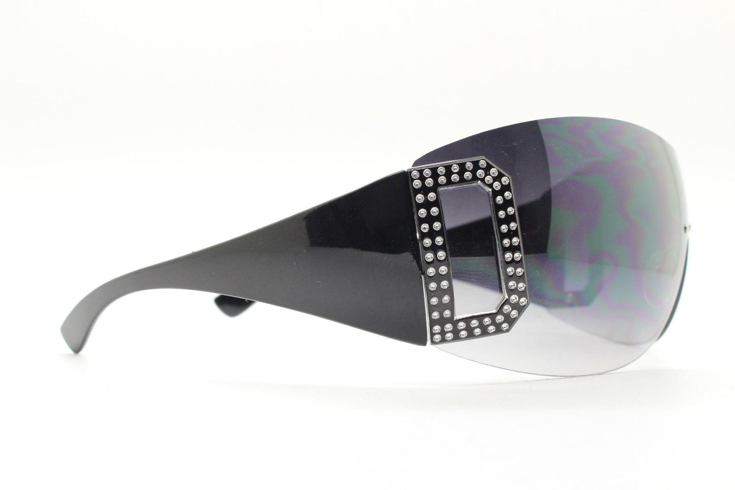 Y2K vintage visor sunglasses. 2000's black wraparound mono lens shield design with big diamante effect crest. 00s uber fashion mini mask NOS