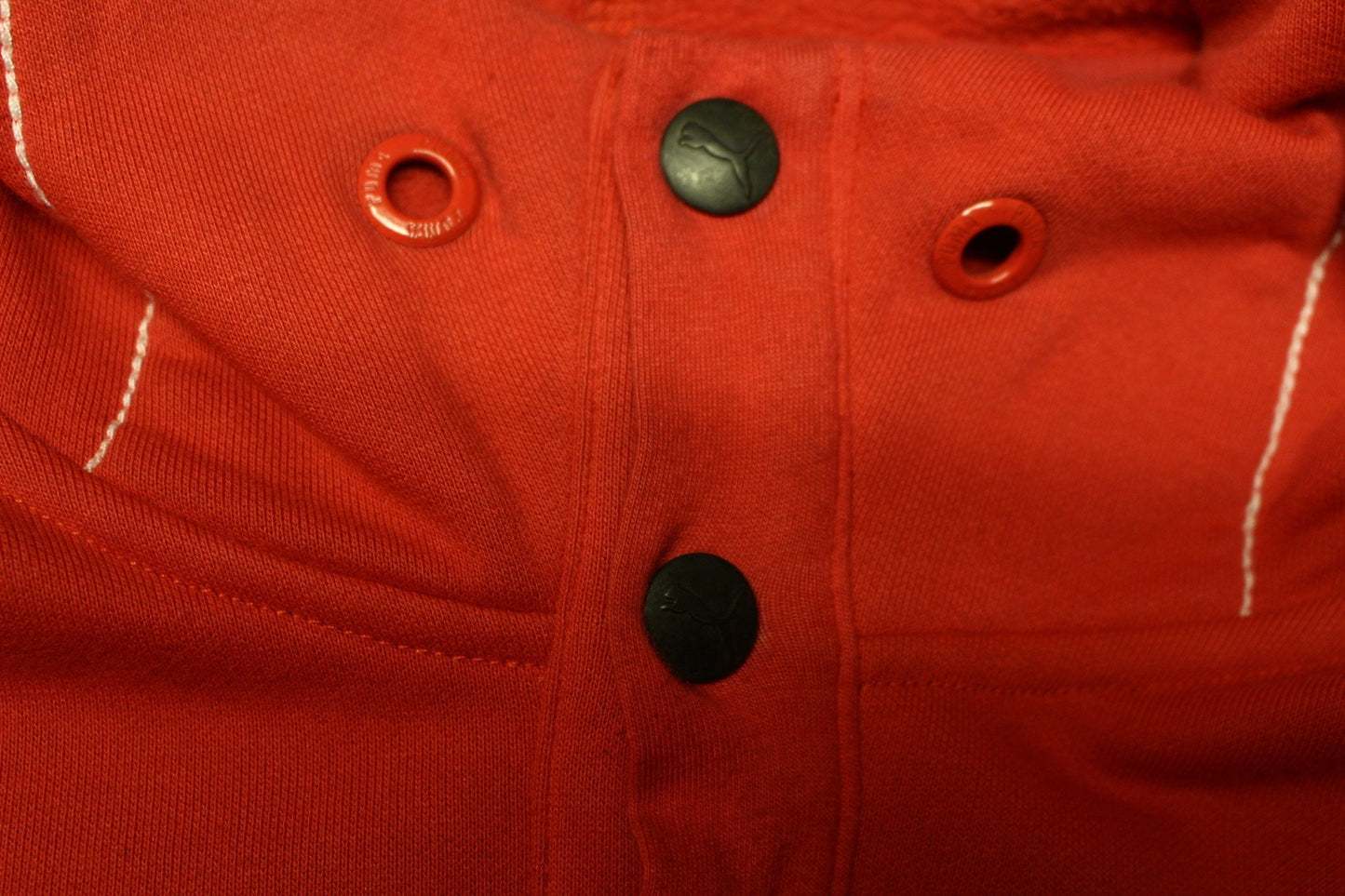 Puma red hoody with big chest logo. Unisex sports pullover sweatshirt with front muffler pockets. UK size L