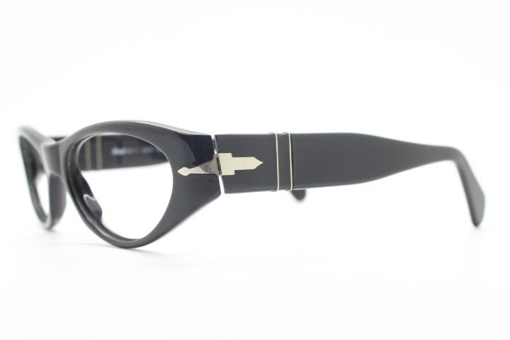 Persol cropped cat eye glasses. Plain Black gloss chunky acetate optical frame with big arms. Prescription eyeglasses. RX spectacles