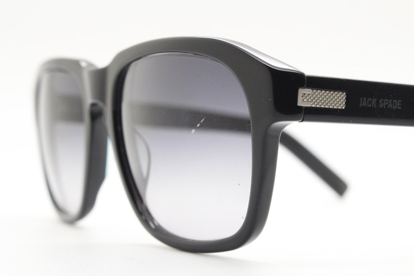 Jack Spade plain black rectangular sunglasses. Solid acetate frame with grey graduating lenses. Mens vintage 60s mod design. Keyhole bridge