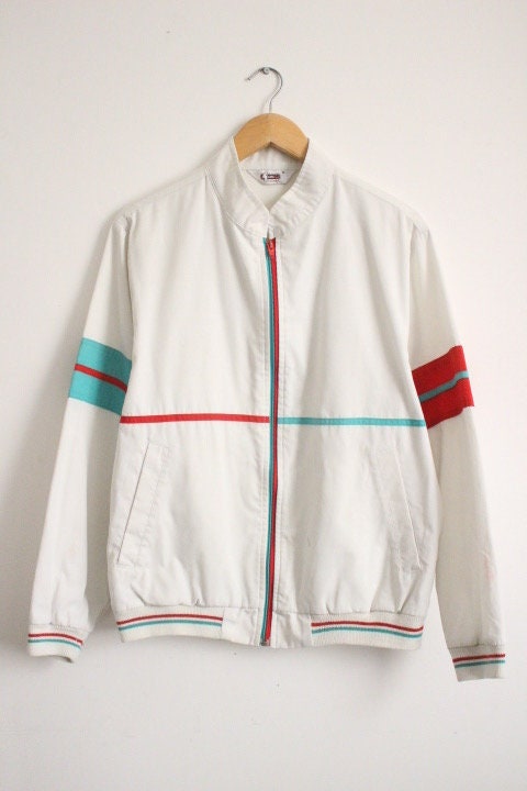 Gabicci Concept Design 80s vintage zip bomber jacket in white with green and red mirror image stripe details. Mens round neck. Cult casuals
