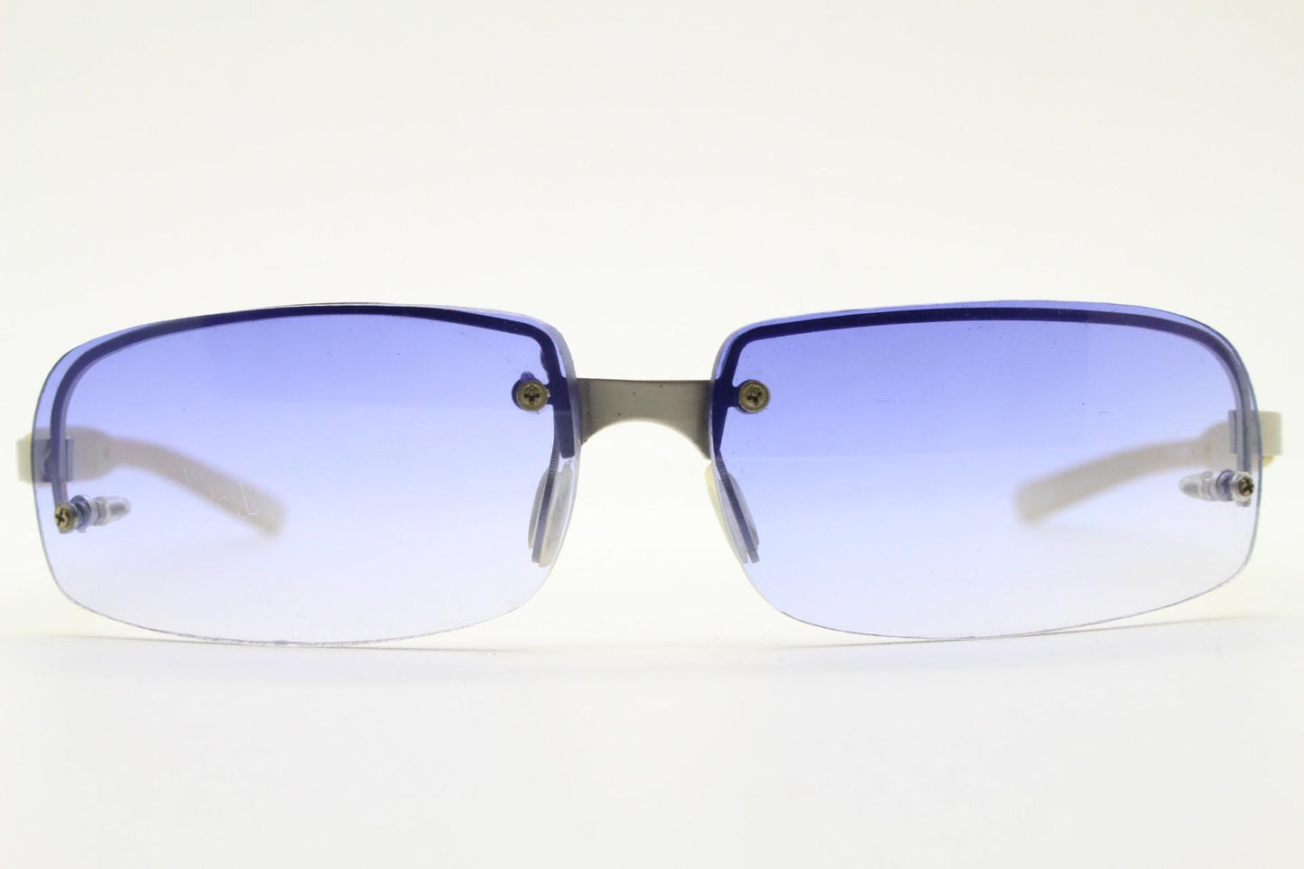Y2K vintage rectangular half frame purple sunglasses. Minimal metal satin finish browline 2000's wrap around with frosted clear arms. NOS