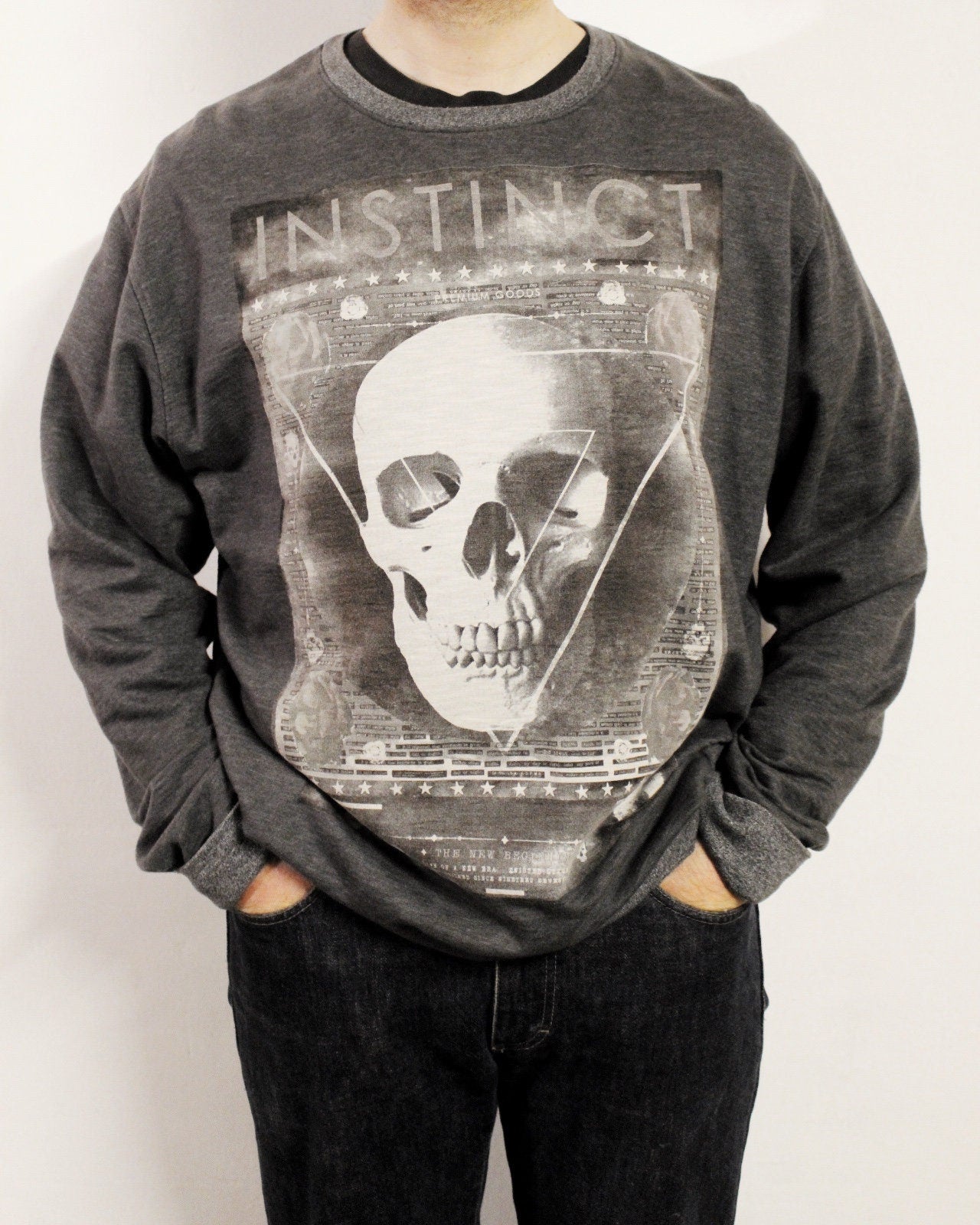 Vintage dark and light grey sweatshirt. Mens crew neck pullover with abstract skull print. Round neck jumper top