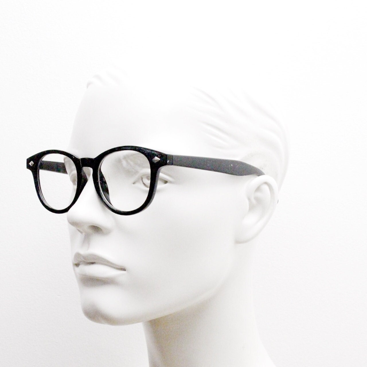 90s vintage modified wayfarer design glasses. Black gloss 40s, 50s shape optical frames with clear lenses. Prescription eyeglasses. NOS