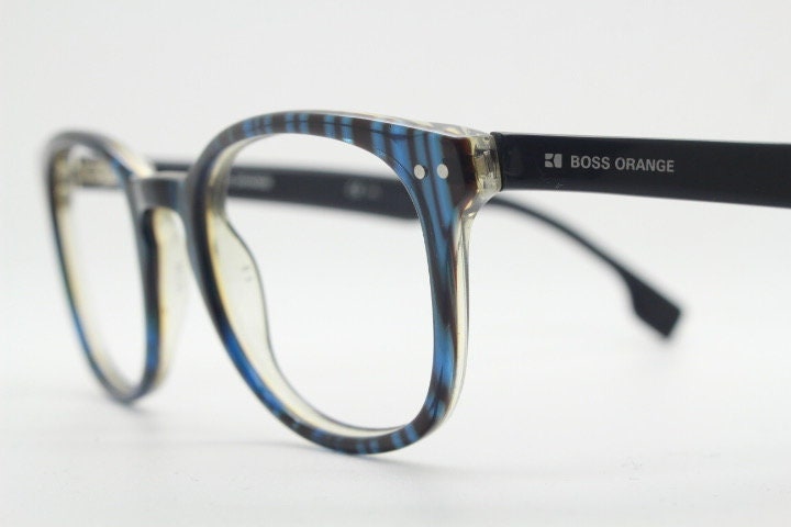 Boss Orange vintage wayfarer shape eye glasses. Black and navy striped optical frames with keyhole bridge. Prescription eyeglasses. RX Hugo