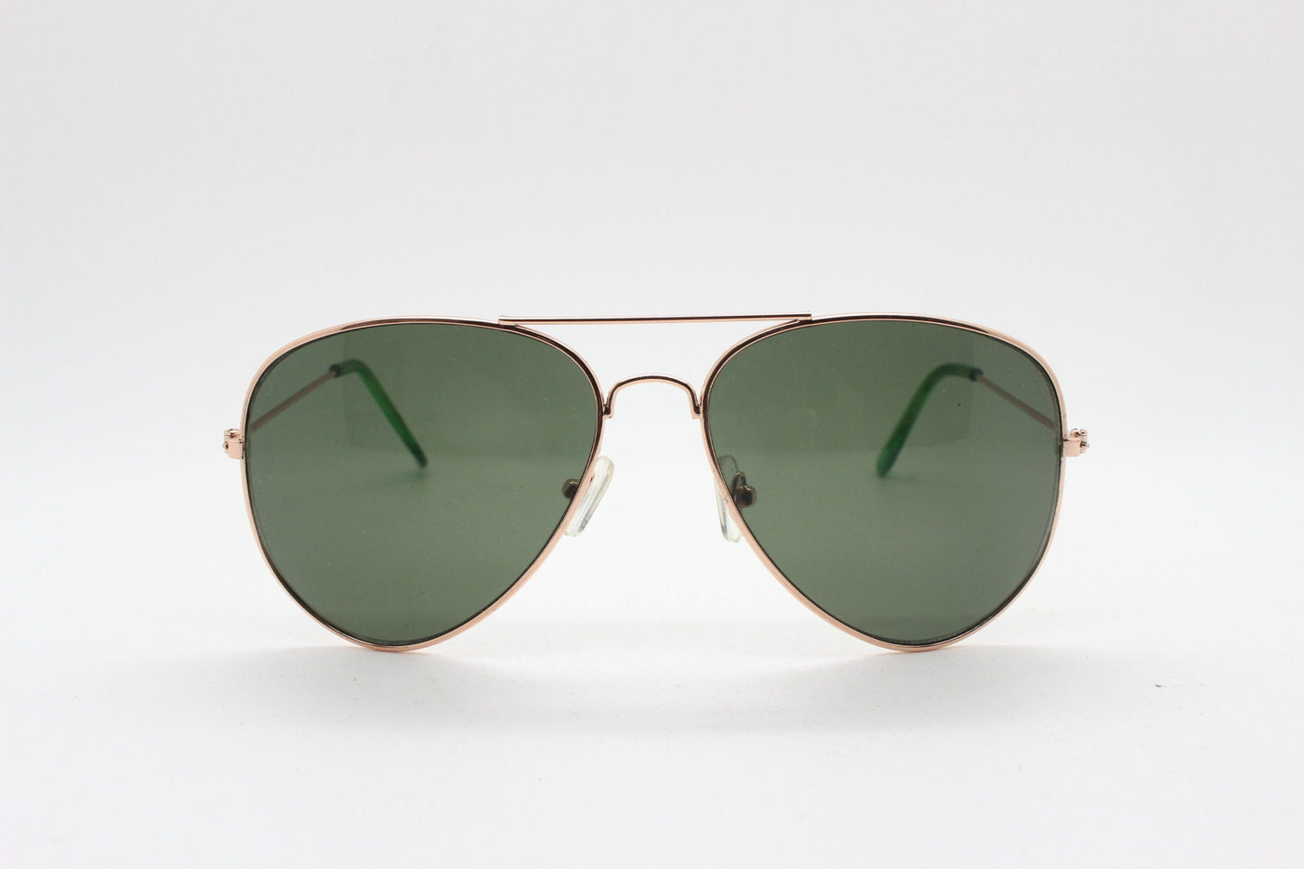 90s vintage aviator sunglasses. Optimal shape classic pilot aviators in rose gold frame with green lenses. Teardrop, NOS