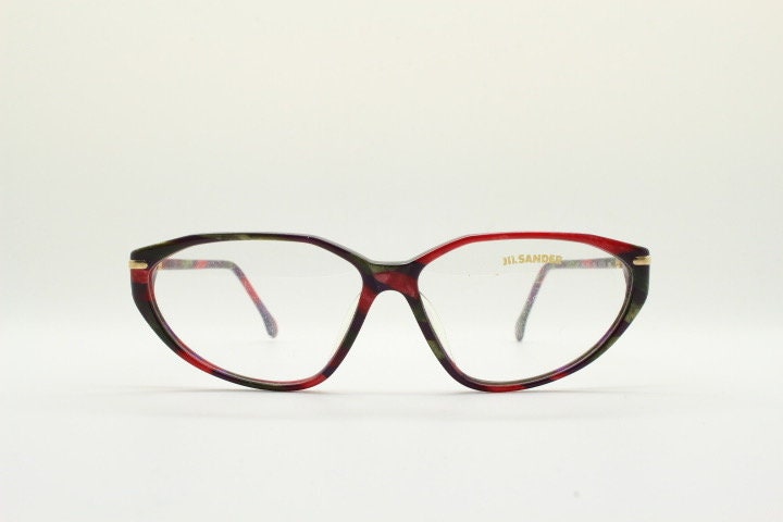 Jil Sander 90s vintage cat eye glasses model 242. Red and black marbled acetate cateye optical frame. Womens RX prescription eyeglasses. NOS