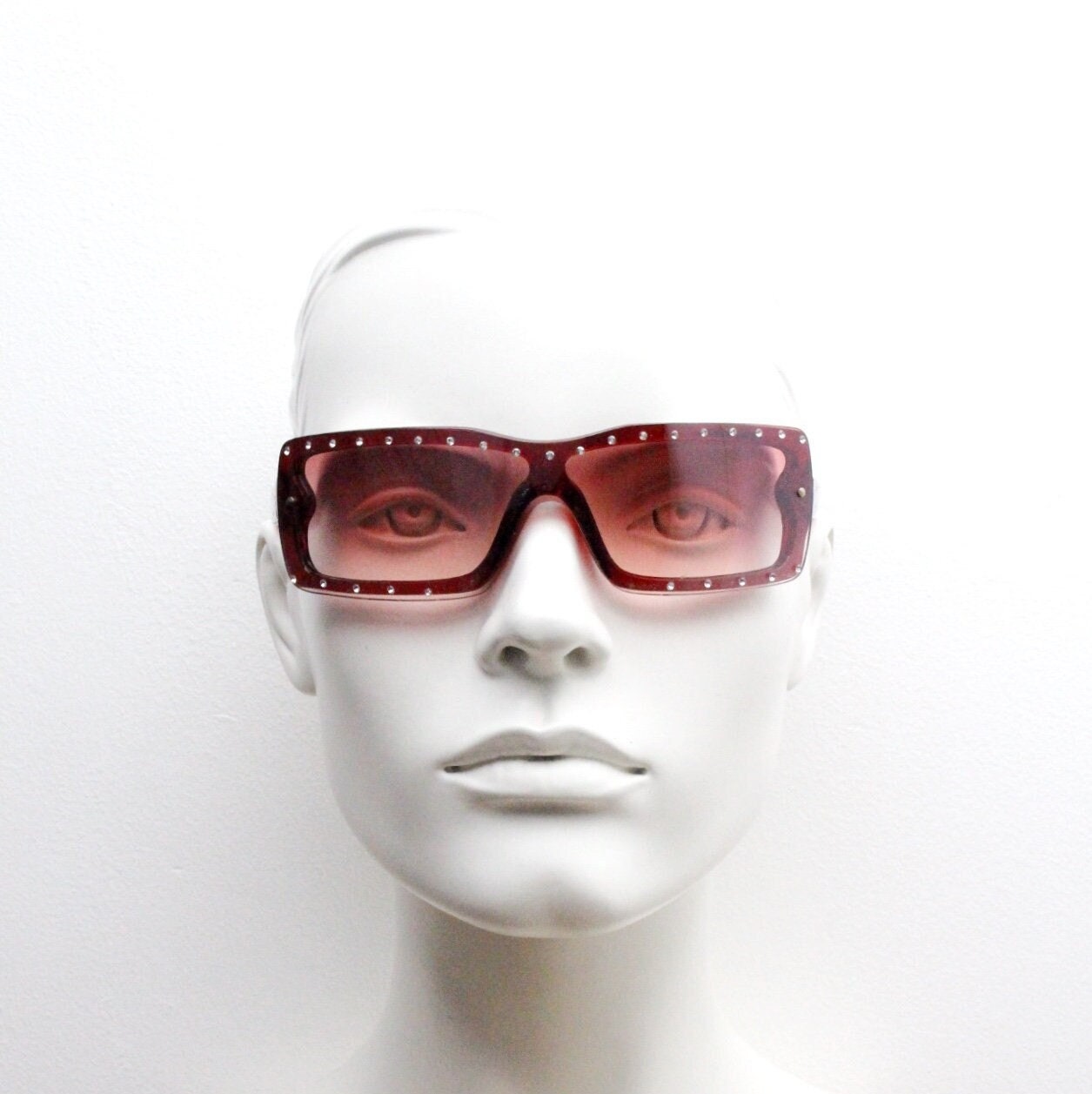 Y2K vintage shield sunglasses with diamante. Red wrap around mini mask style with curved mono lens. 2000s unused NOS. Visor