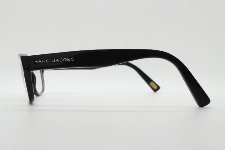 Marc Jacobs rectangular low profile eye glasses. Chunky plain black gloss acetate optical frames. Prescription eyeglasses. RX spectacles