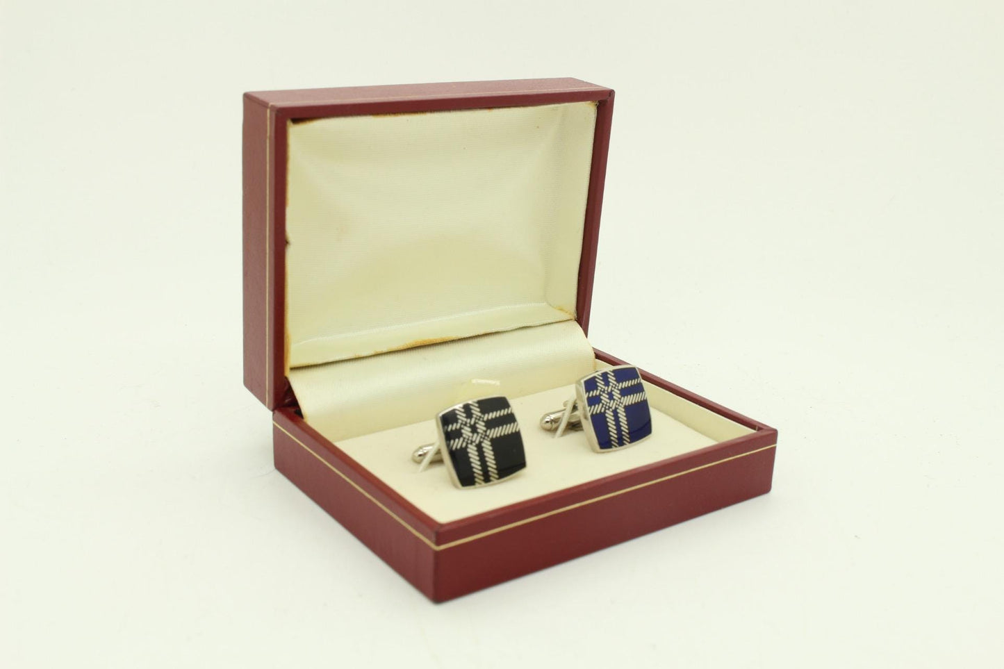 Burberry vintage square cuff links made in England with signature house check. Solid metal with blue on one side, black on the other. NOS