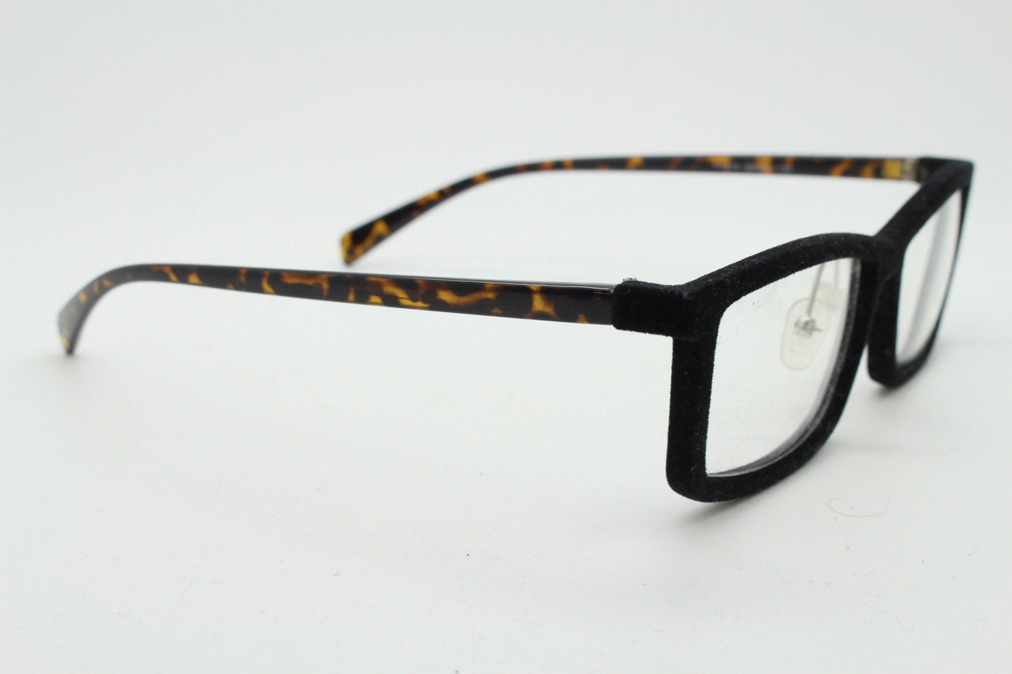Y2K vintage black velvet glasses with tortoise arms. Stylised rectangular clear lens eyeglasses. NOS optical frames. RX spectacles