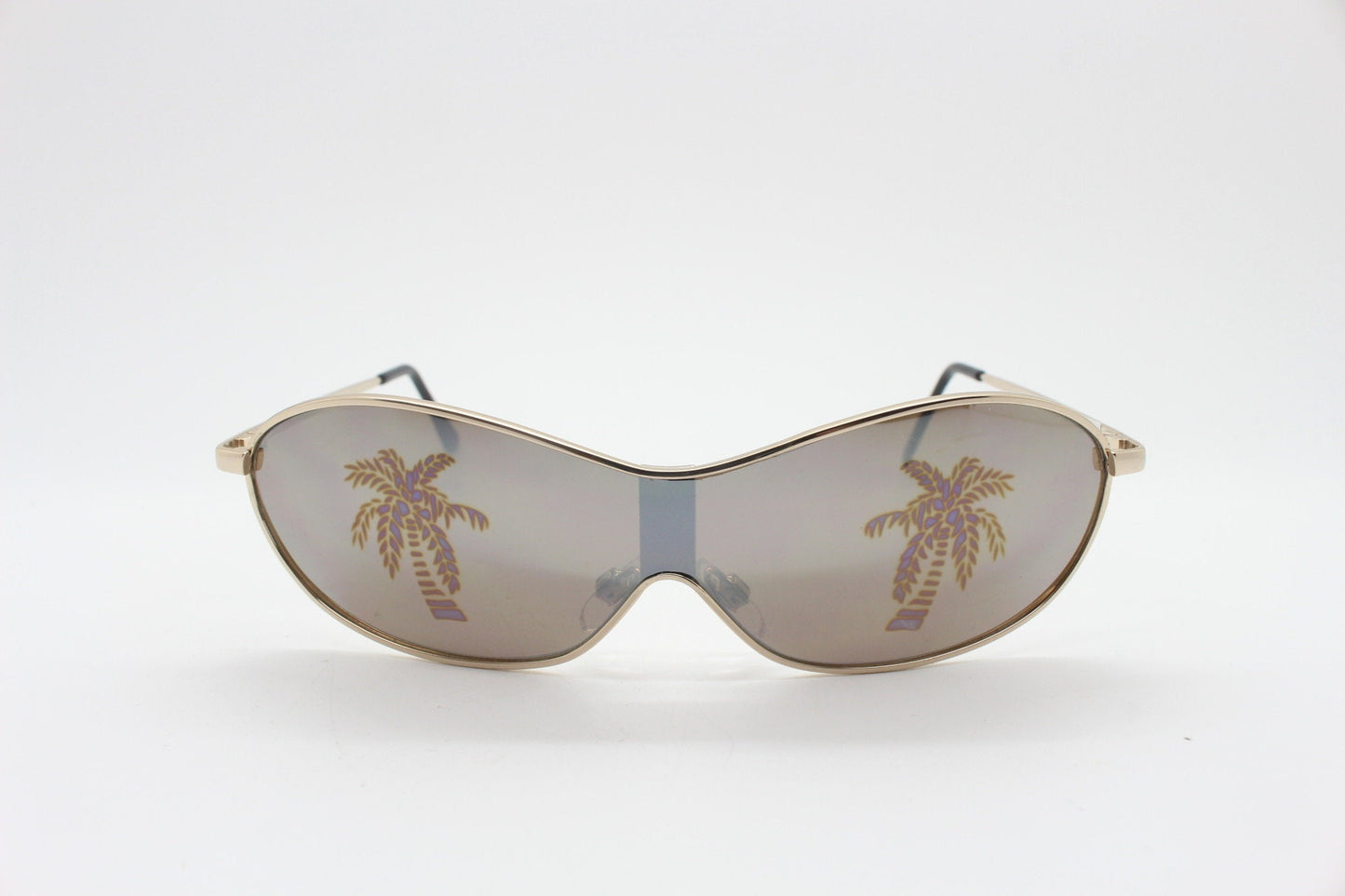 Party monster Y2K vintage visor sunglasses. Wraparound mono lens mini mask shield design with mind bending palm tree print. Unused NOS
