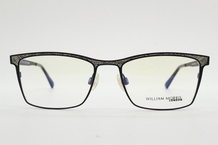 William Morris London rectangular eye glasses. Black matt flat metal optical frames with ornate silver pattern. Prescription RX eyeglasses.