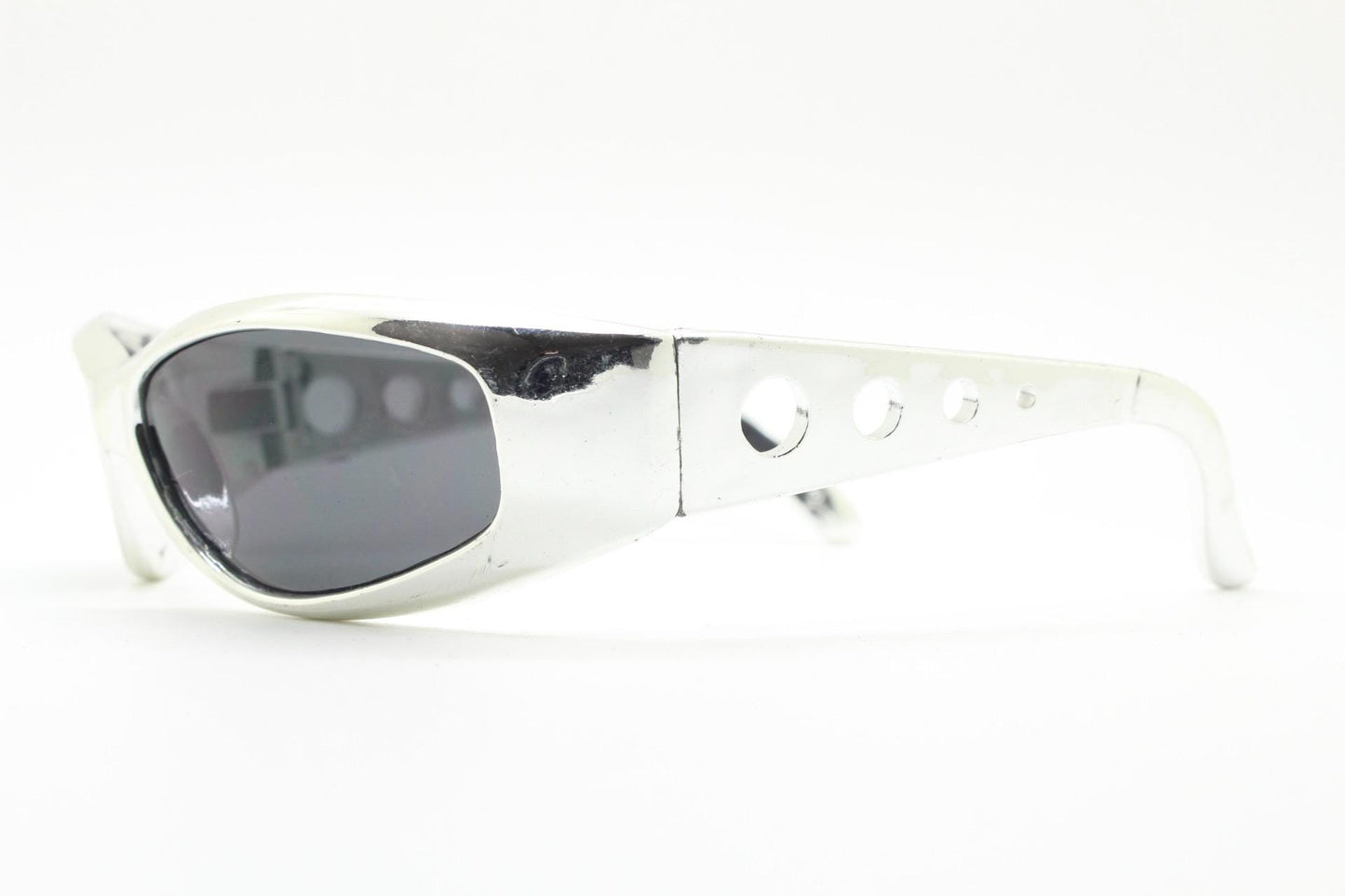 90s vintage visor sunglasses. Hyper real metallic silver superhero style mini mask sport shield with black lenses. Wrap around. NOS cosplay