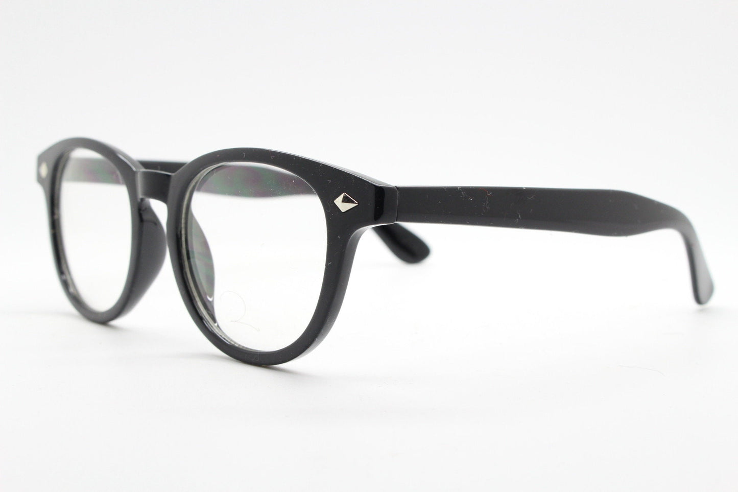 90s vintage modified wayfarer design glasses. Black gloss 40s, 50s shape optical frames with clear lenses. Prescription eyeglasses. NOS