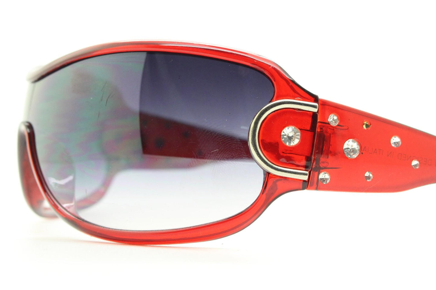 Y2K vintage visor sunglasses. Red massive mask mono lens wrap around with diamantes. Ghetto fabulous bling shield. 2000s NOS. Rhinestone
