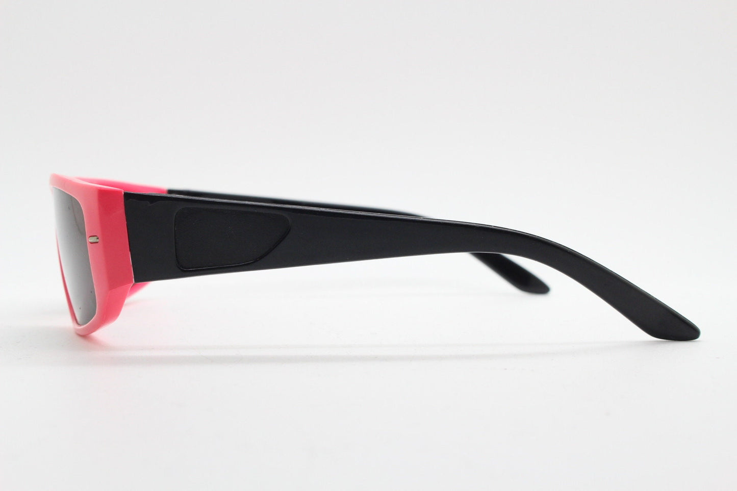 80s vintage 2 tone sunglasses. Aerodynamic flat top shield style wrap around frame in pink and black with real glass lenses. Unused NOS