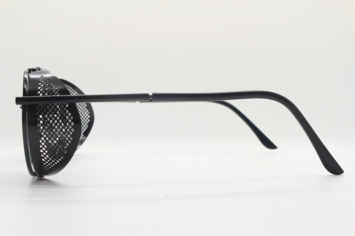 90s vintage round goggle sunglasses. All metal plain black frame with folding perforated side blinkers. Spoilers. Steampunk. Cosplay. NOS