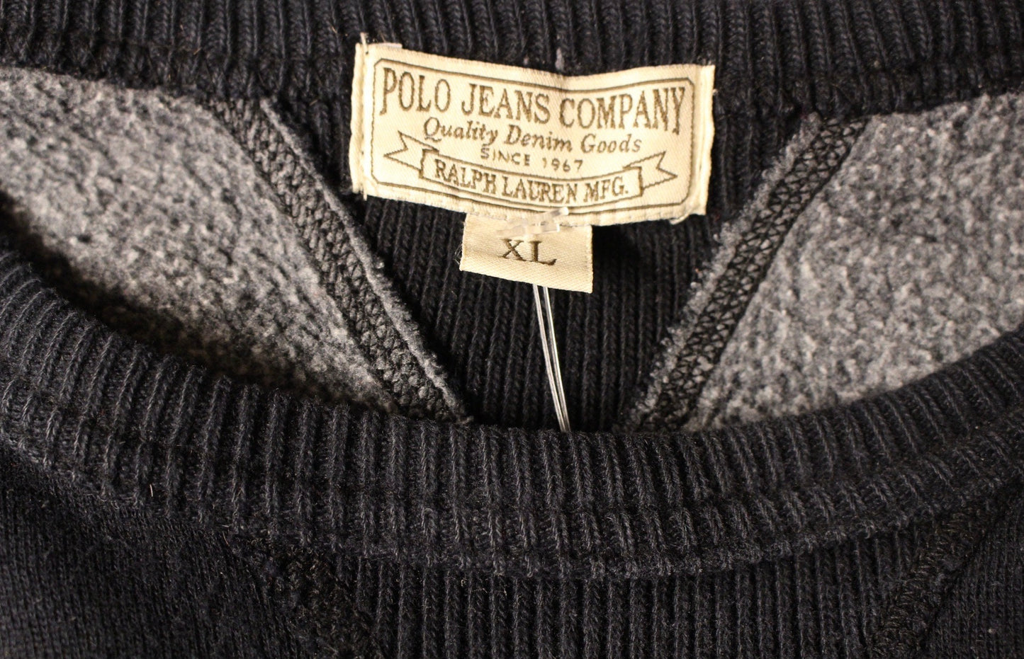 Ralph Lauren Polo Jeans Co. vintage sweatshirt. Black crew neck pullover with distressed US flag patch. Round neck jumper