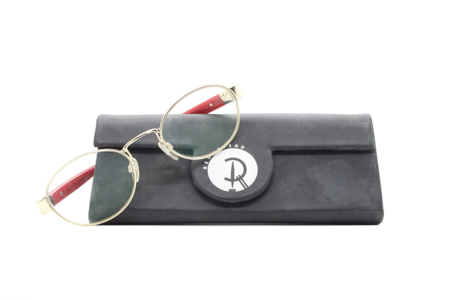 Red or Dead Y2K vintage oval eye glasses. Green or red interchangeable arms on a chrome metal frame. Optical prescription eyeglasses. RX