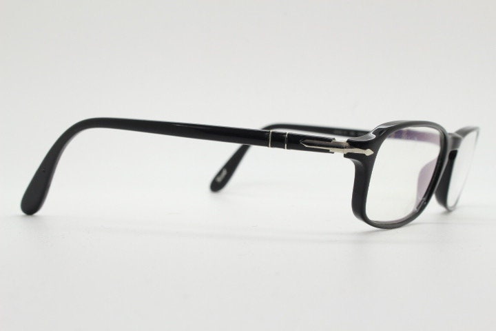 Persol rectangular eye glasses hand made in Italy. Black gloss acetate optical frame with keyhole bridge. Prescription eyeglasses. Vintage