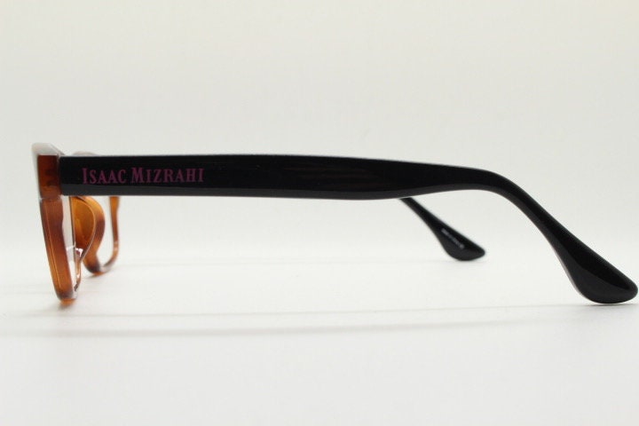 Isaac Mizrahi vintage rectangular eye glasses. Tortoise optical frames with contrasting black arms. Prescription RX. NOS spectacles
