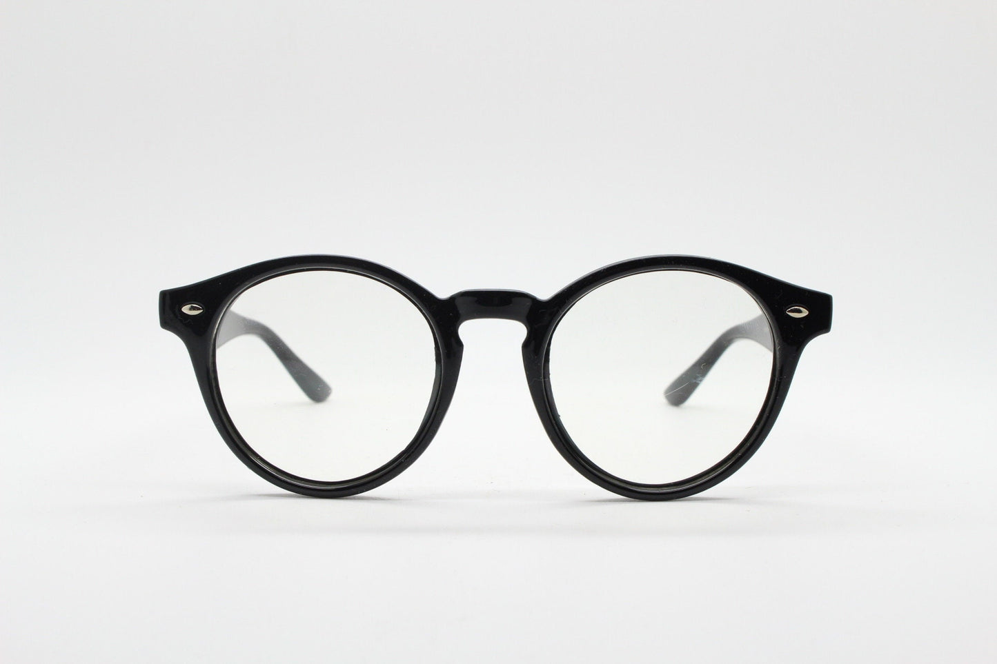 90s vintage black rounded wayfarer style glasses. Black gloss optical frames with clear lenses. Prescription eyeglasses. RX spectacles