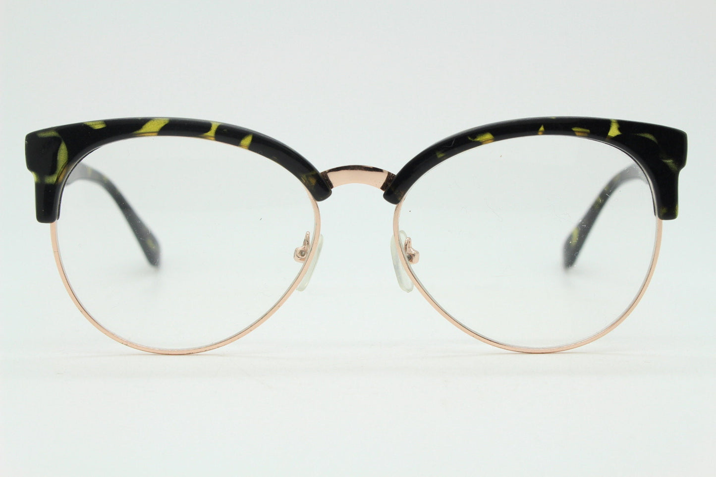 90s vintage modified cat eye glasses. Tortoise browline half frame eyeglasses with gold underwire. 50s, 60s design cateye. NOS