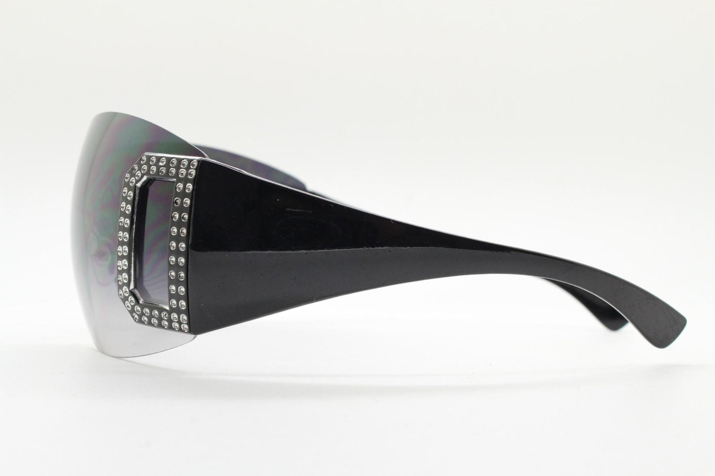 Y2K vintage visor sunglasses. 2000's black wraparound mono lens shield design with big diamante effect crest. 00s uber fashion mini mask NOS