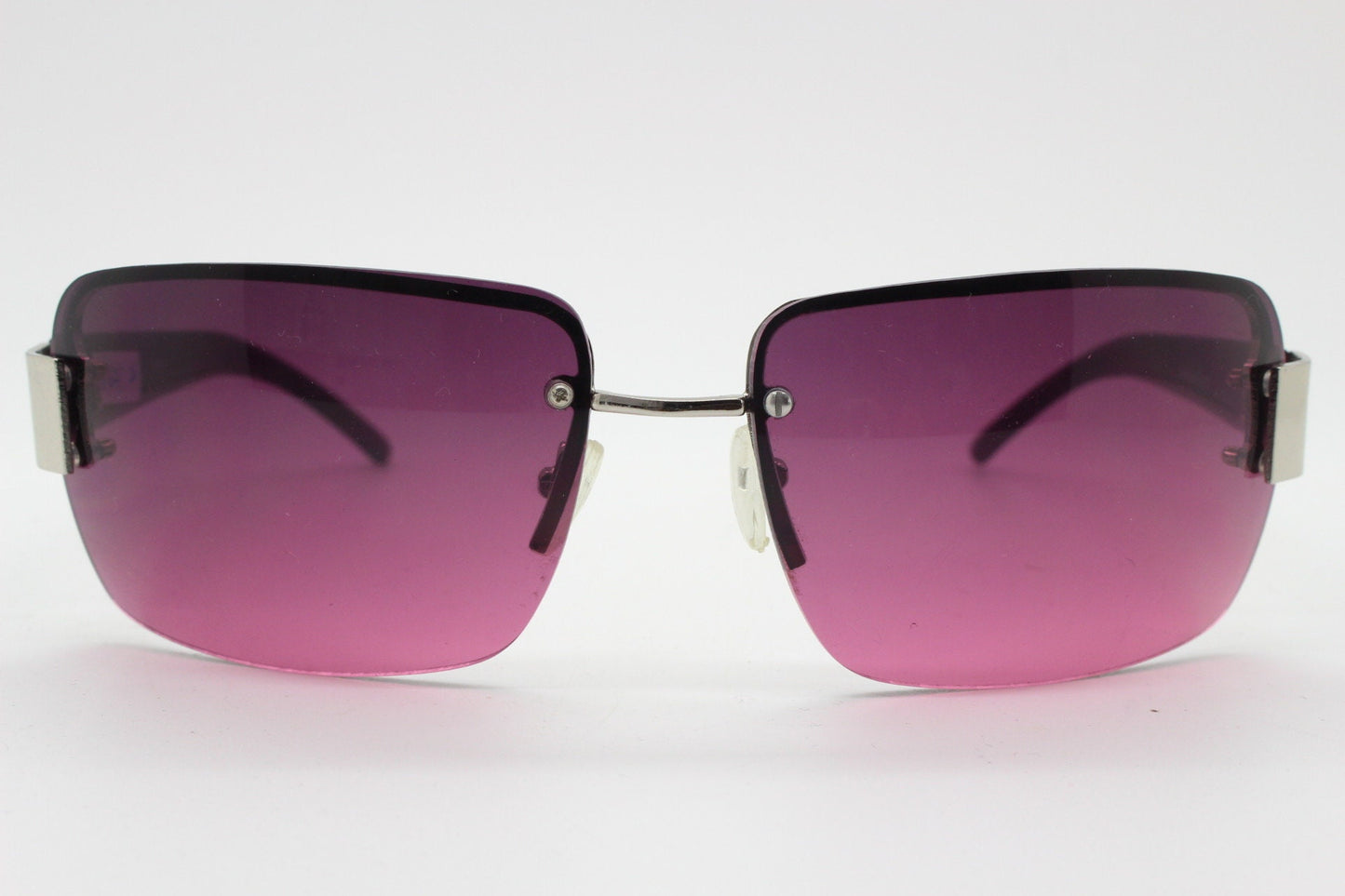 Y2K vintage big rectangle visor sunglasses. Half frame 2000's chrome trim wrap around with lethal purple curved lenses. 00's