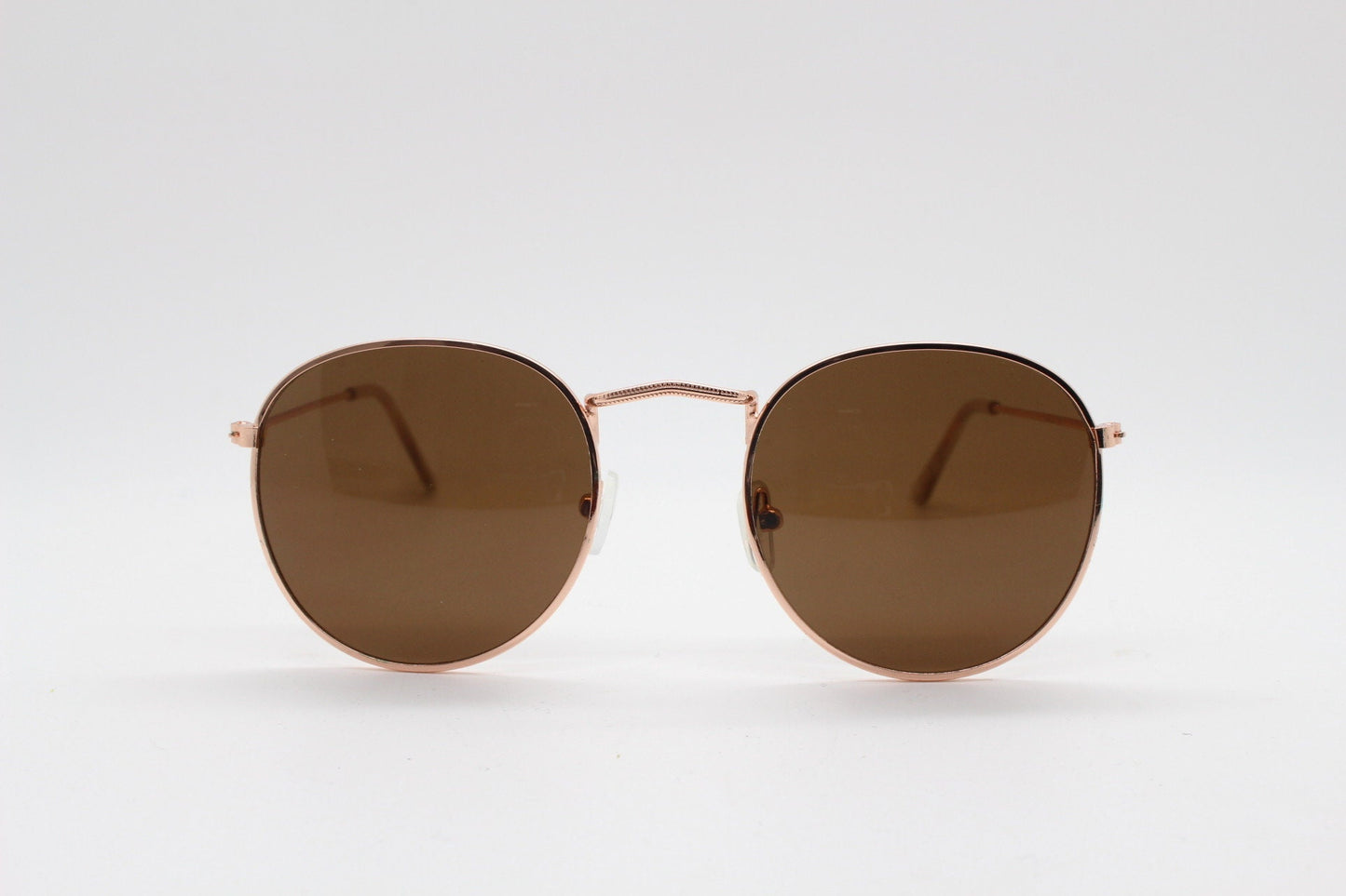 90s vintage round metal sunglasses, 60s style rose gold frame with brown lenses. NOS panto