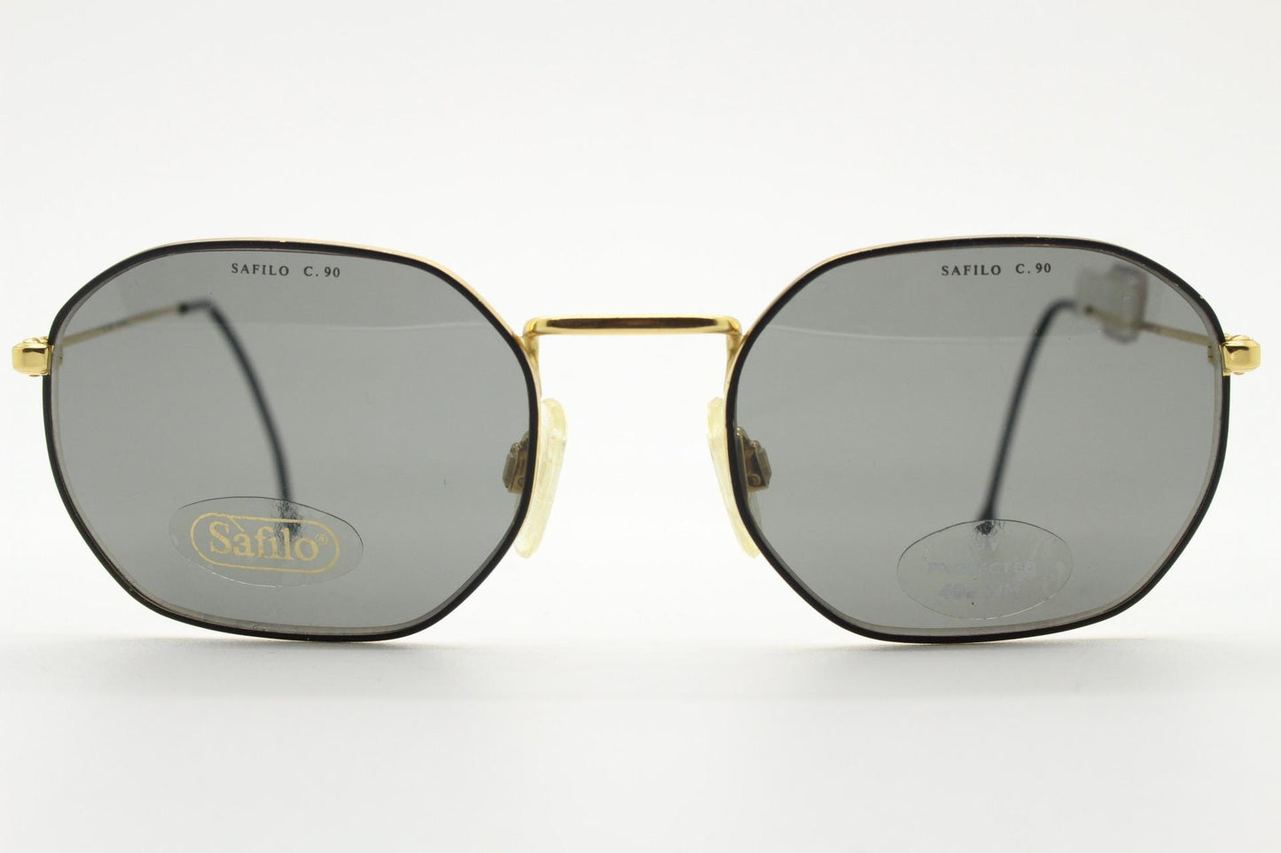 Safilo 90s vintage angled rectangular sunglasses made in Italy. Flexible black wire metal frame with gold trim and green lenses. BNWT NOS