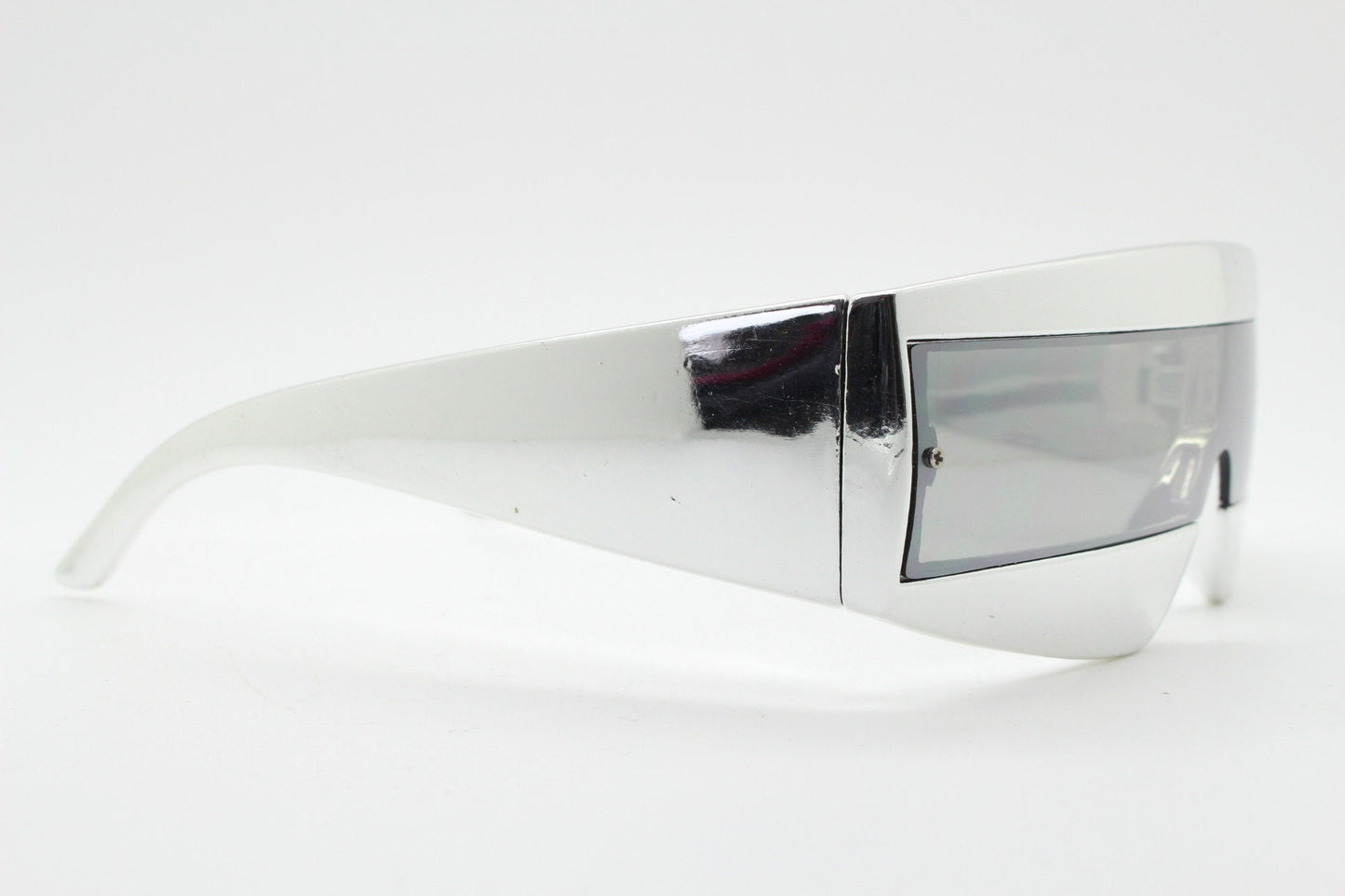 Y2K vintage square visor sunglasses. All silver 80s style robot shield design mirror mono lens with full height arms. 2000s mask. NOS BNWT