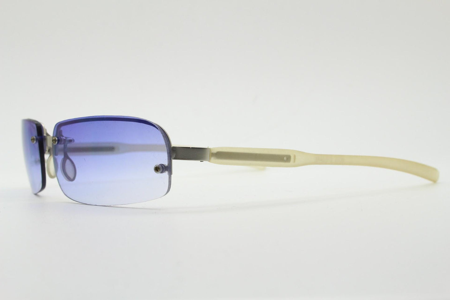 Y2K vintage rectangular half frame purple sunglasses. Minimal metal satin finish browline 2000's wrap around with frosted clear arms. NOS