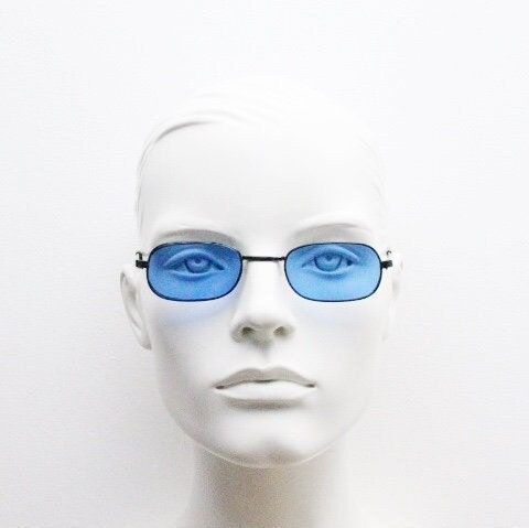 90s vintage minimal metal rectangular sunglasses. Small black frame with striking cobalt blue luxury real glass lenses. NOS