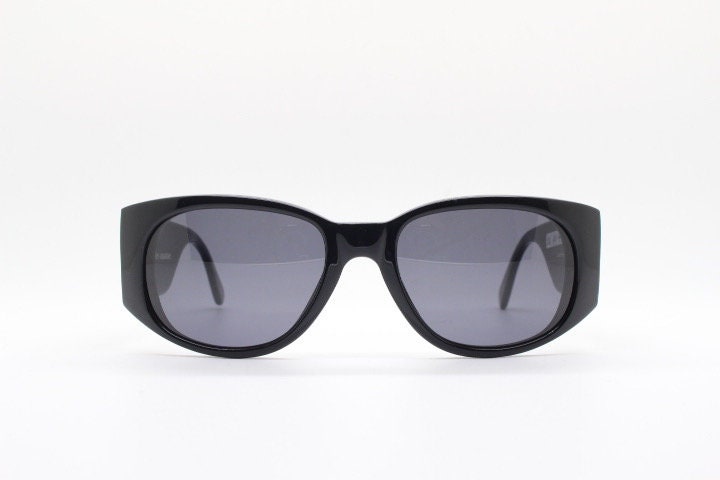 Charles Anastase for Linda Farrow Gallery sunglasses. Womens black gloss acetate thick frame design with tall arms and swans. NOS vintage